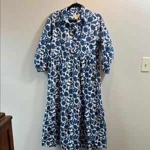 Maeve for Anthropologie Bettina Blue and White Floral Tiered Shirt Dress